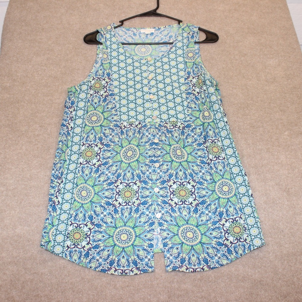 J. Jill Womens XS Blue Green Medallion Paisley Rayon Sleeveless Button Front Top
